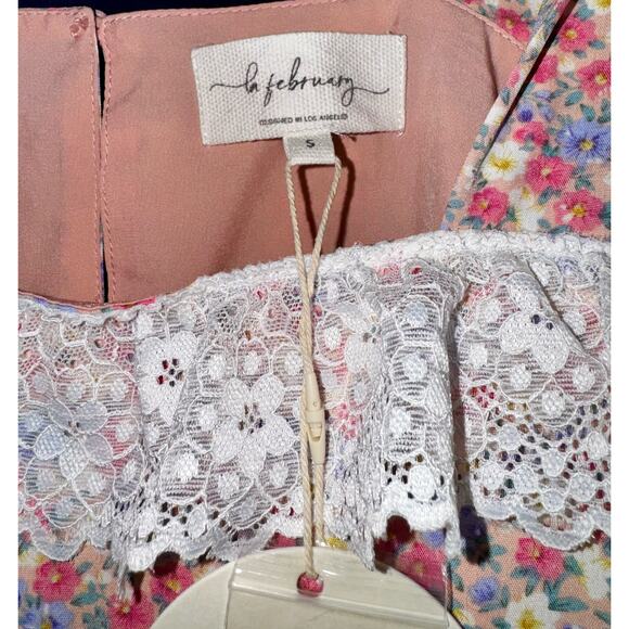 NWT La February Ditzy Floral Baby Doll Dress Small Lace Trim Pink Cottagecore - Picture 11 of 12